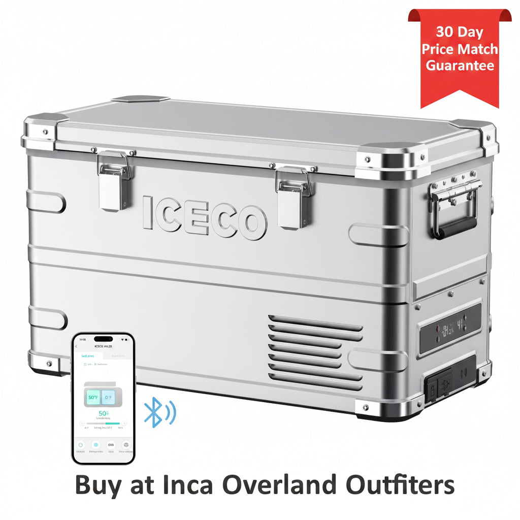 A silver ICECO aluminum fridge with a digital display on the front and a smartphone showing the ICECO app interface.