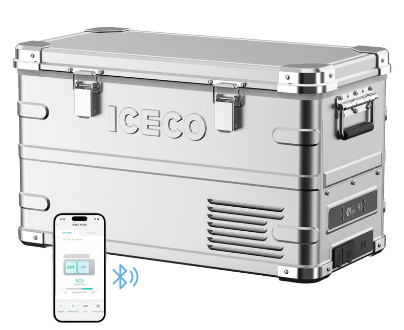 ICECO APL35 35L silver dual zone 12V portable fridge freezer for overlanding camping truck RV