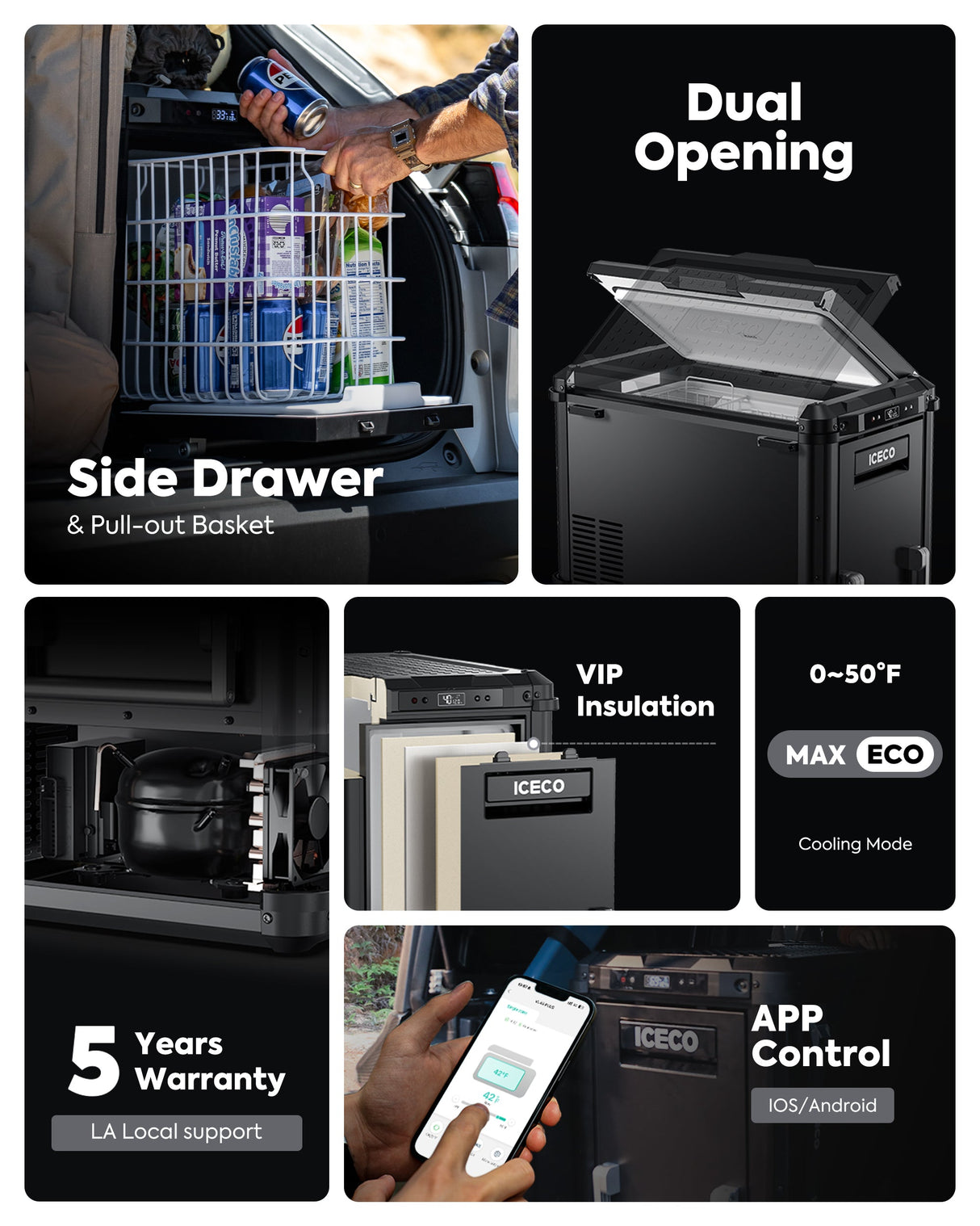 ICECO VL45Pro Plus built in drawer and dual opening lid feature graphic