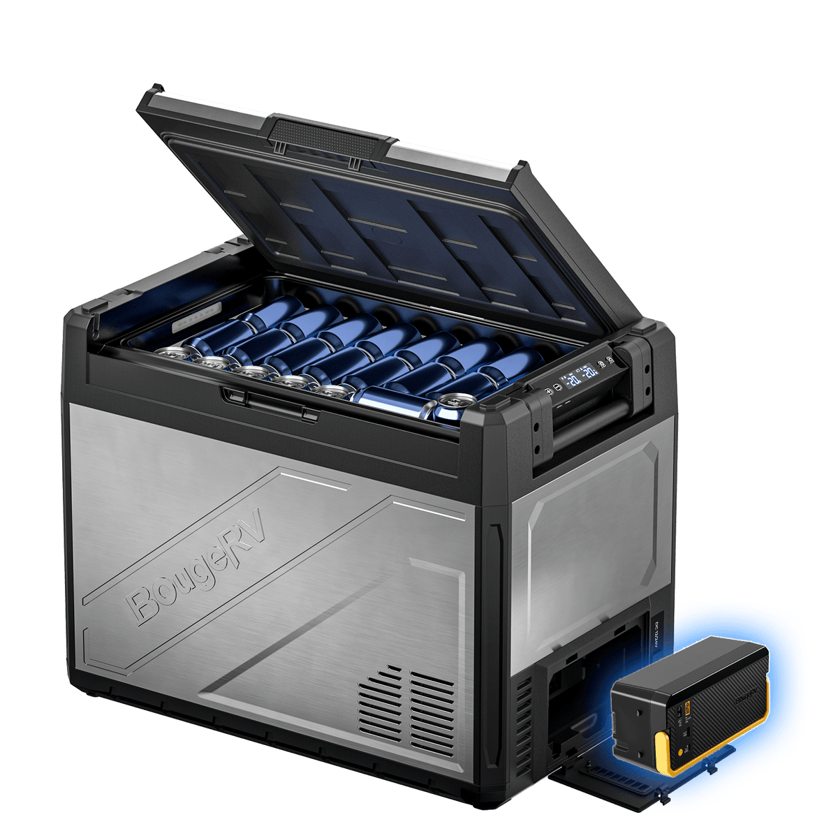 BougeRV Rocky V3.0 69QT dual zone 12V fridge freezer with 240Wh battery for overlanding camping RV truck