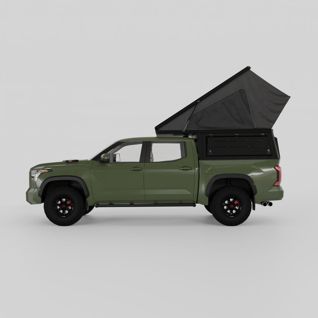 Side profile of open Inca4x4 pop-up camper on 2022-2024 Toyota Tundra