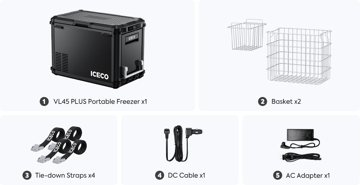 ICECO VL45Pro Plus package contents with baskets straps DC cable and AC adapter