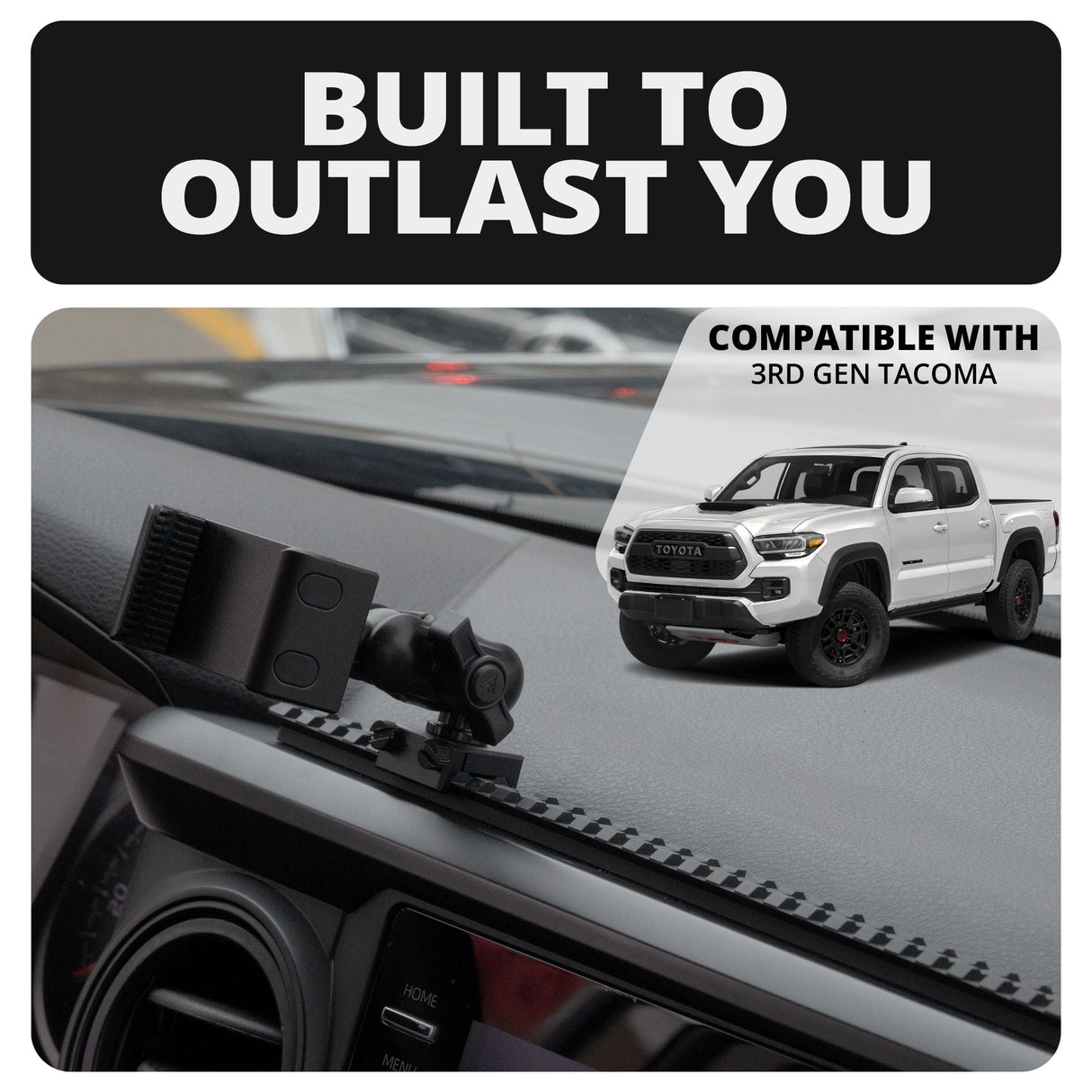 2016-2023 Toyota Tacoma Tackform Assault Track Picatinny Dash Bracket With 20LITE Phone Holder & Midland Magnetic CB Radio Mic Holder