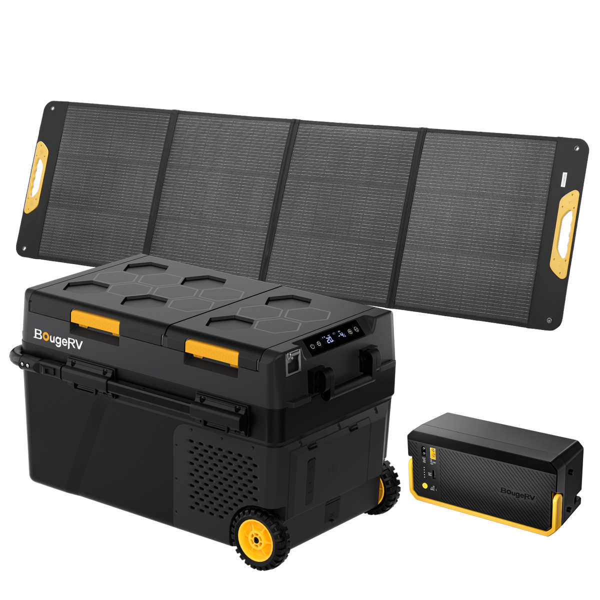 BougeRV CRD2 V2.0 43QT dual zone 12V fridge freezer 200w solar + battery kit for camping overlanding RV truck