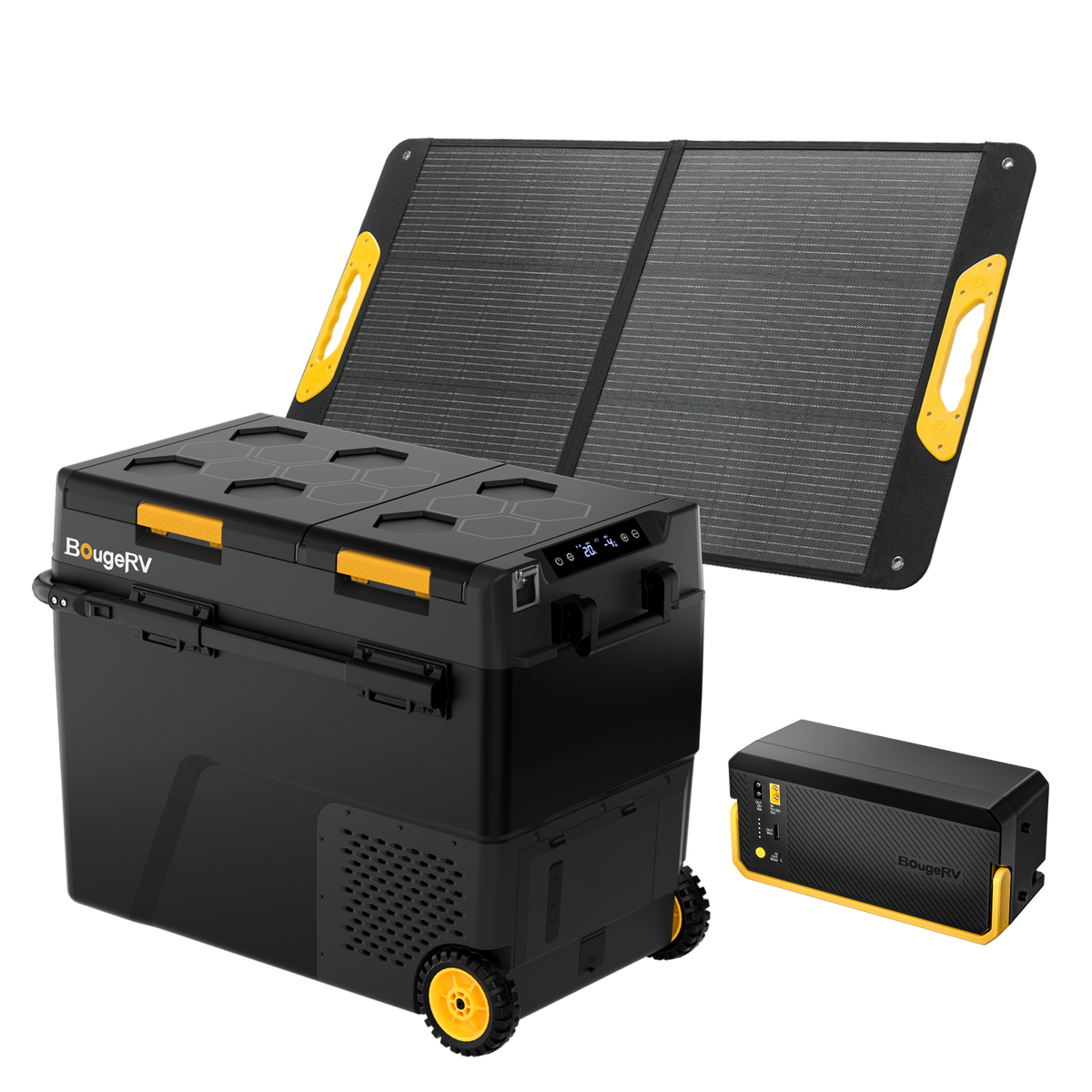 BougeRV CRD2 V2.0 61QT dual zone 12V fridge freezer 100w solar + battery kit for camping overlanding RV truck