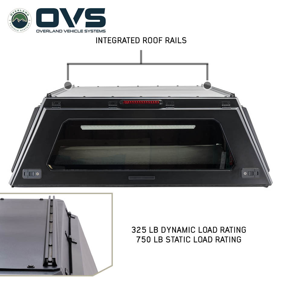 OVS Expedition Tacoma truck cap integrated roof rails 750 pound static rating