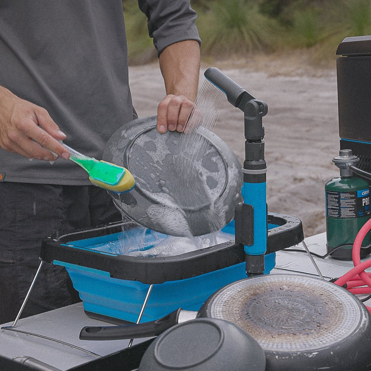 Joolca HOTTAP Go hot water shower system for camp kitchen dish washing