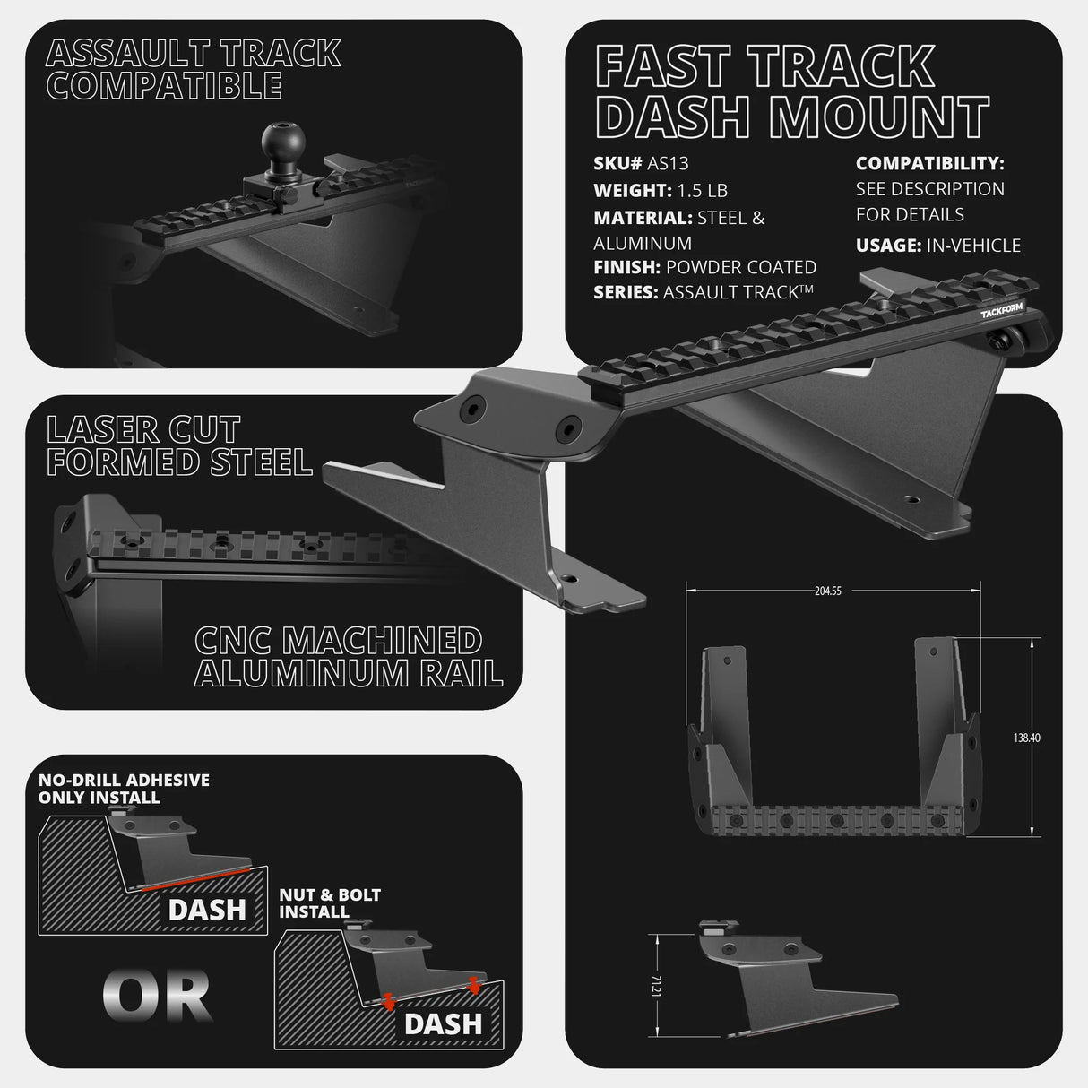 2022 Ford Super Duty (Compatible With 12” Screen ONLY) Tackform Assault Track Picatinny Dash Bracket With 20LITE Phone Mount