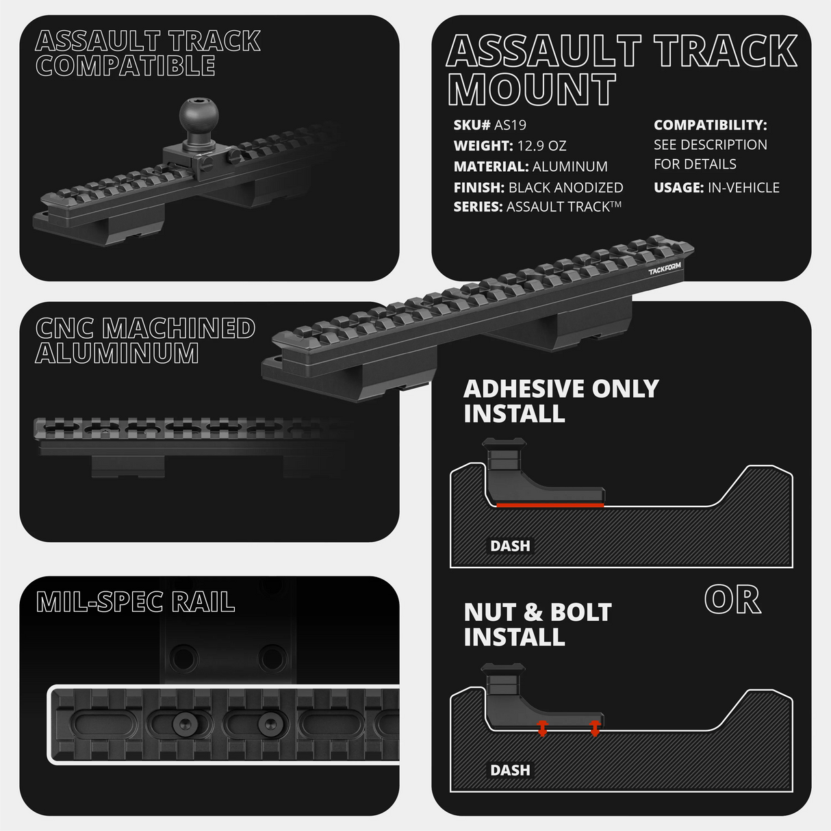 2019-2023 Ford Ranger (WITHOUT Switch Panel) Tackform Assault Track Picatinny Dash Bracket With 20LITE Phone Holder
