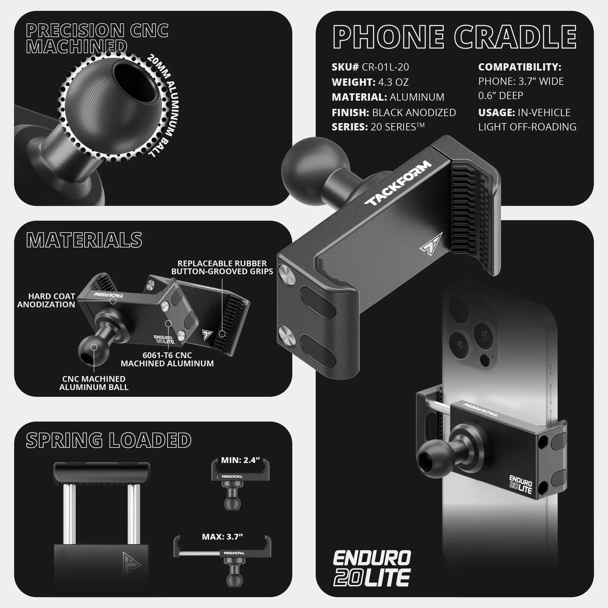 2016-2023 Toyota Tacoma Tackform Slim Track Dash Bracket With 20LITE Phone Mount