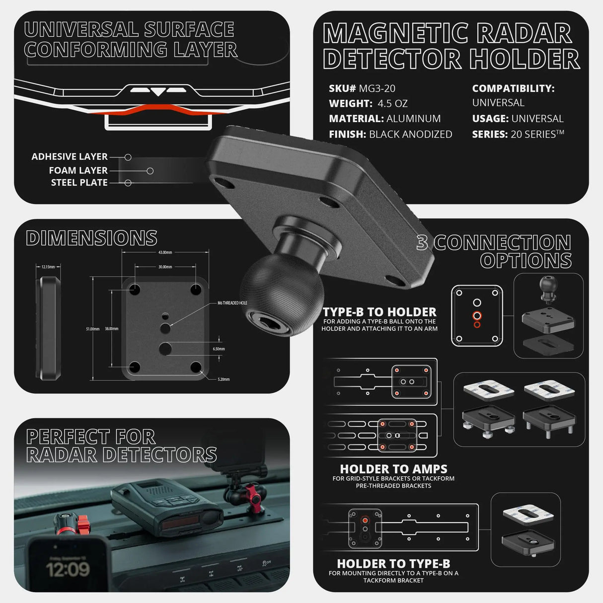2024+ Ford F-150 (See Compatibility Info For Specific Year/Trim Fitment Details) Tackform Slim Track Dash Bracket With 20LITE Phone Mount and Magnetic Radar Detector Holder | Telescoping Arm