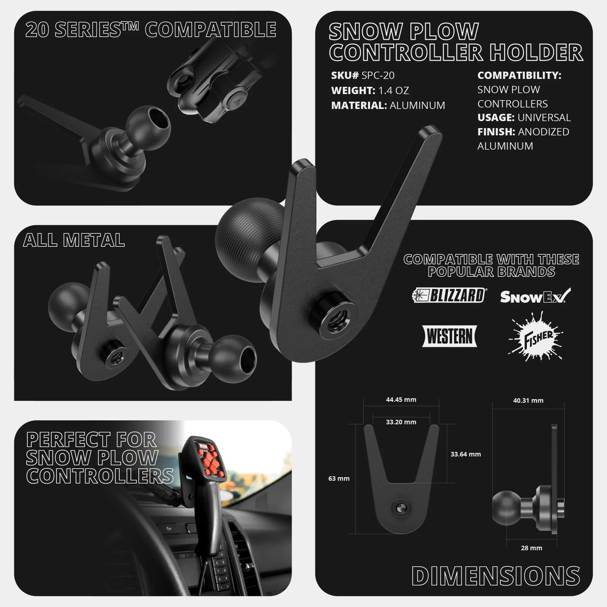 Snow Plow Controller Holder | Slim Track Base | 5" DuraLock Arm