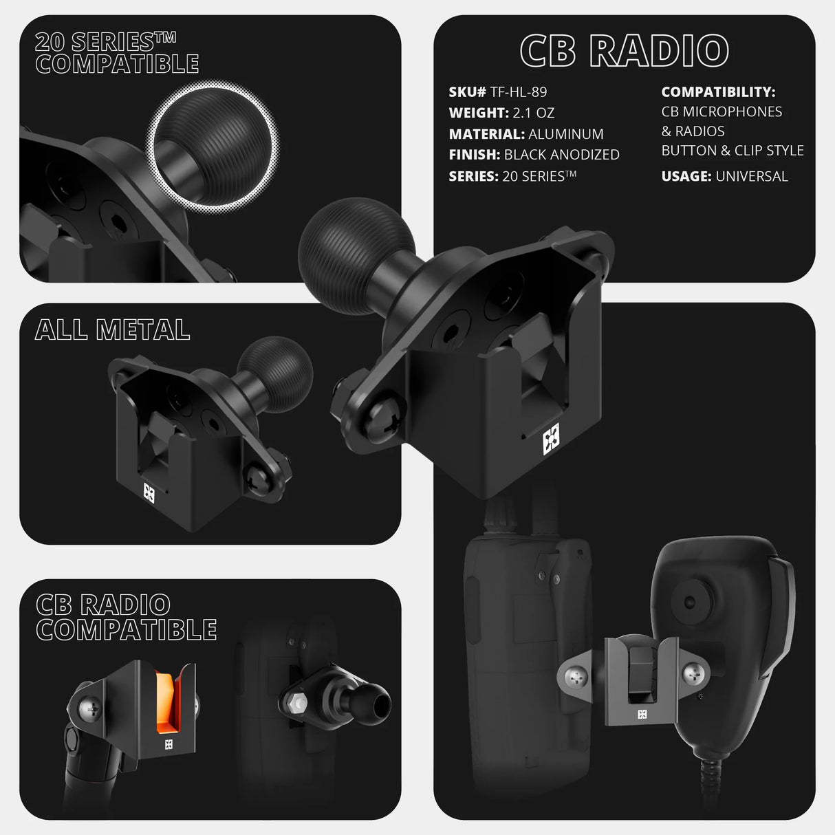 LINK™ 2-in-1 CB Microphone/Radio Holder | Accessory Ready Dash and Grab Handle Compatible | 2021+ Ford Bronco | 7.5"-9.25" Telescoping Arm