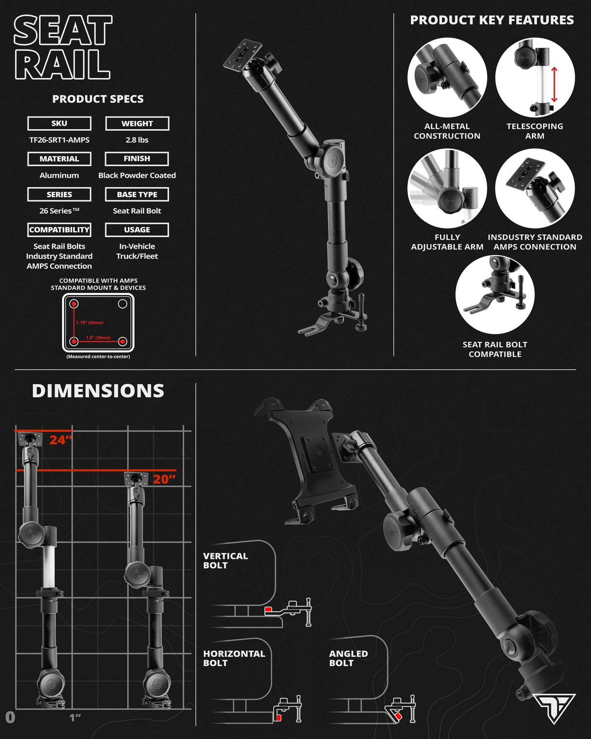 Heavy Duty Seat Rail/Floor Bolt Mount | 20"-24" Aluminum Telescoping Arm | Ford F-Series | Tablet Holder