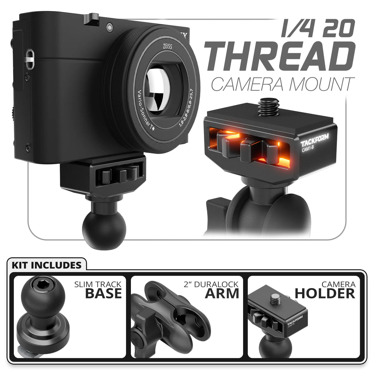 1/4"-20 Camera Mount | Slim Track Base | 2" DuraLock Arm