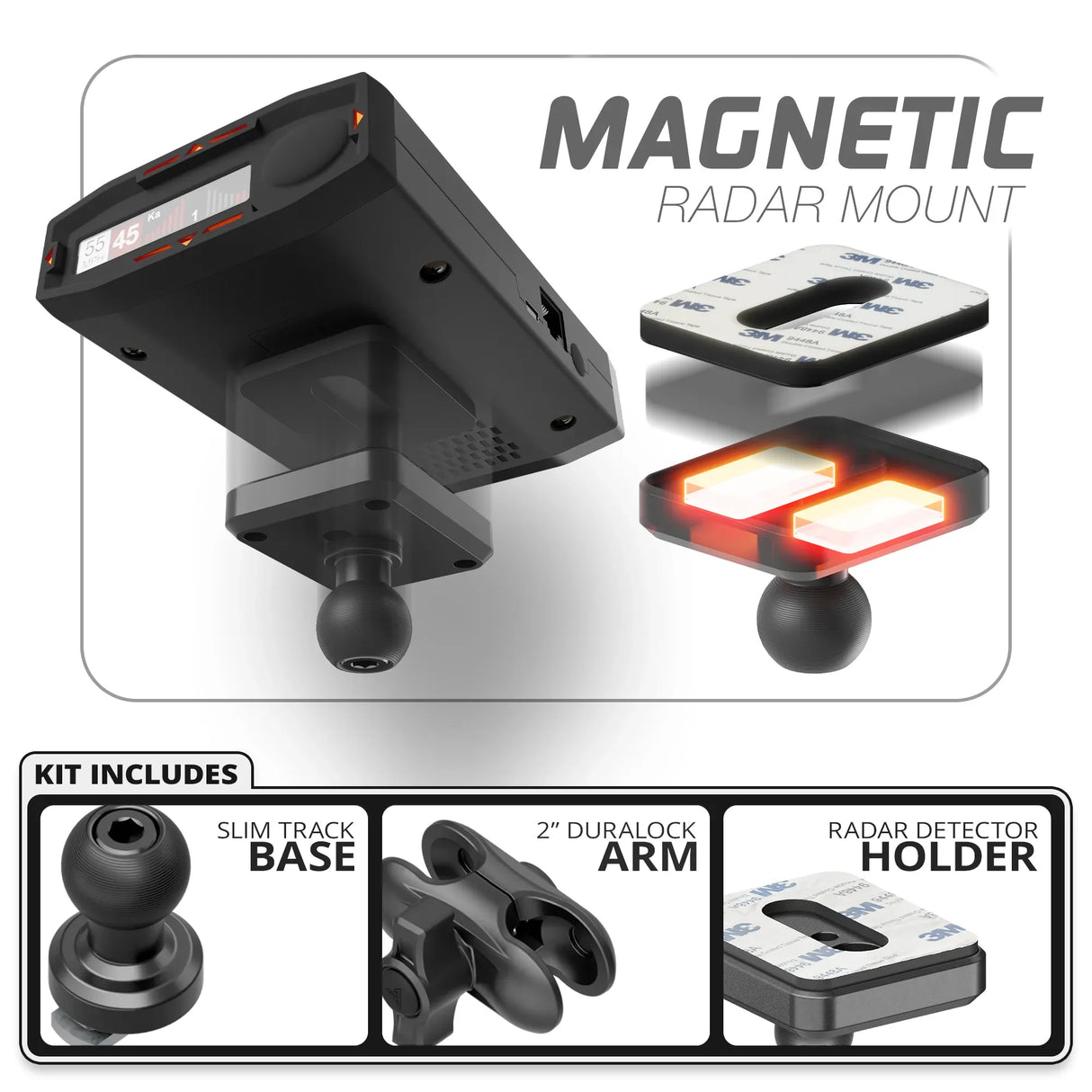 Magnetic Radar Detector Mount | Slim Track Base | 2" DuraLock Arm