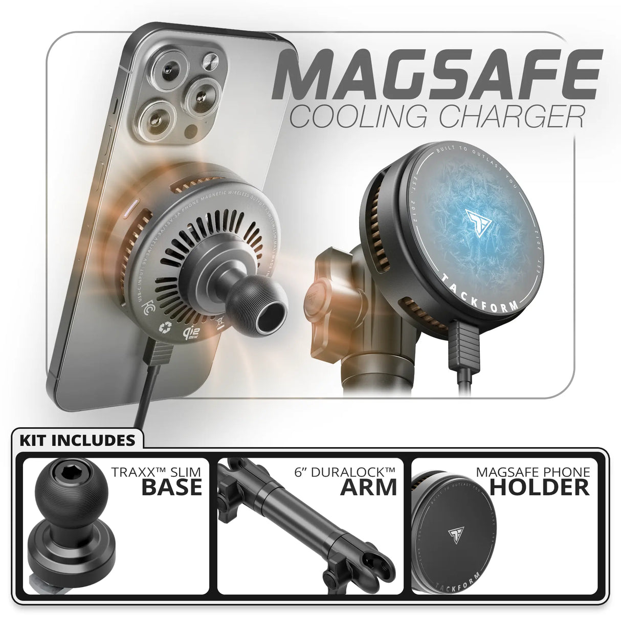 Qi2.2/MagSafe Charging & Cooling Phone Holder | Slim Track Base | 6" DuraLock Arm
