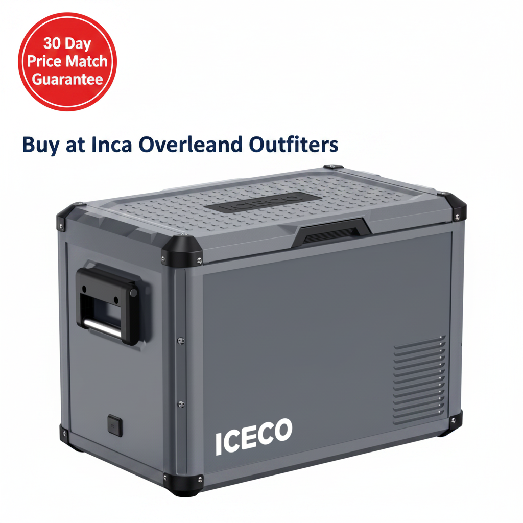 A gray dual zone portable freezer made by ICECO, closed and positioned vertically, with visible brand logo on the side.