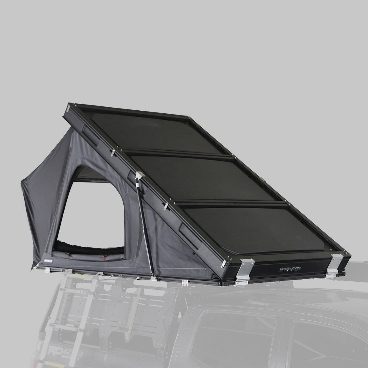 iKamper BDV Duo low profile wedge rooftop tent open on truck