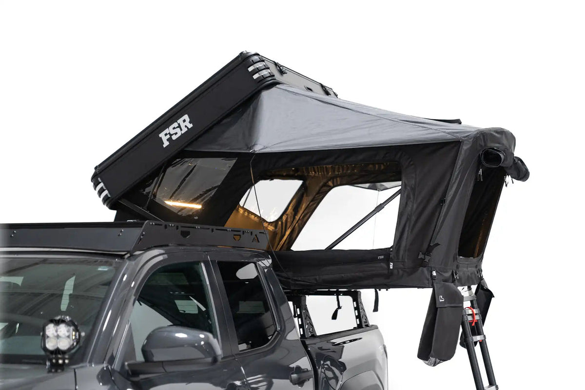 Free Spirit Recreation FSR Kali aluminum hard shell fold-out rooftop tent on pickup truck