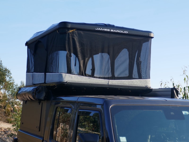 James Baroud Odyssey rooftop tent open on overland Jeep truck camper