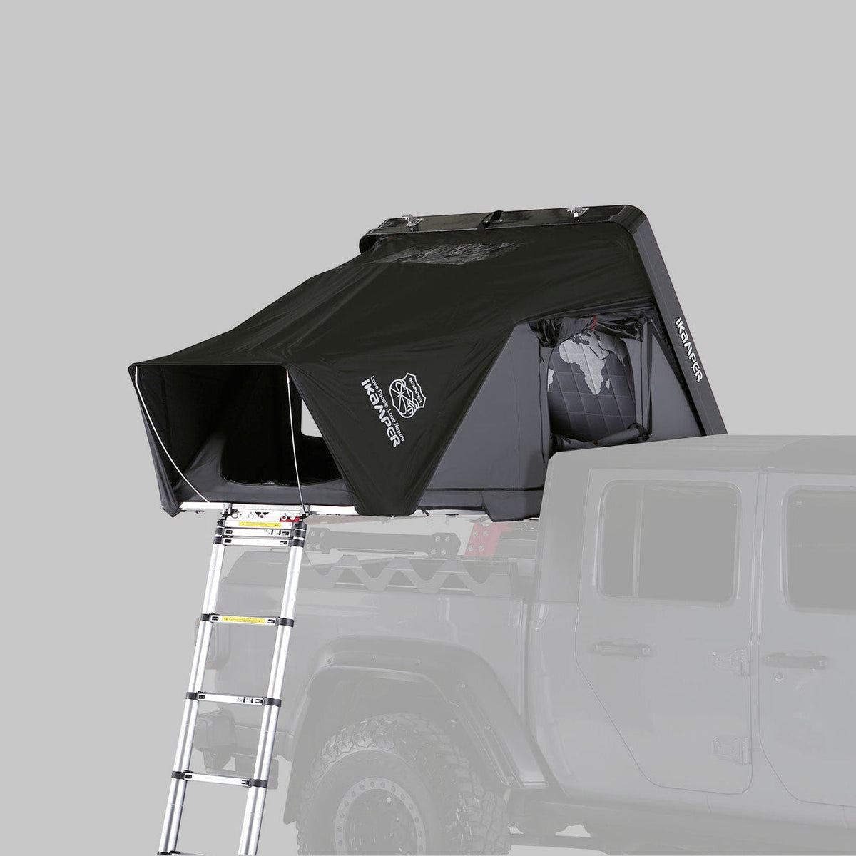 iKamper Skycamp 3.0 Mini Rocky Black hard shell rooftop tent on Jeep Gladiator