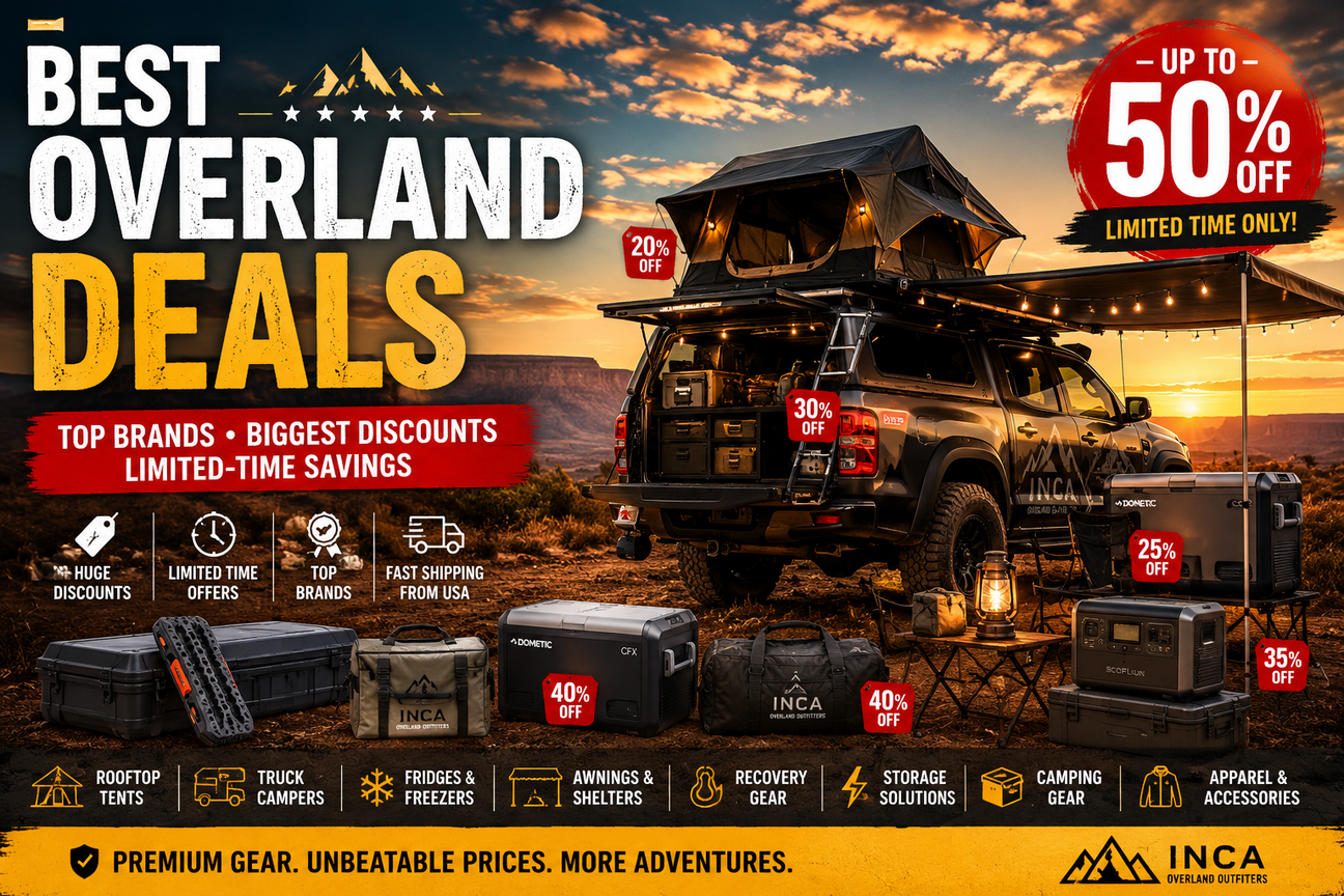 Best overland gear deals featuring rooftop tents, truck campers, portable fridges, awnings, and camping accessories with up to 50% off at Inca Overland Outfitters.