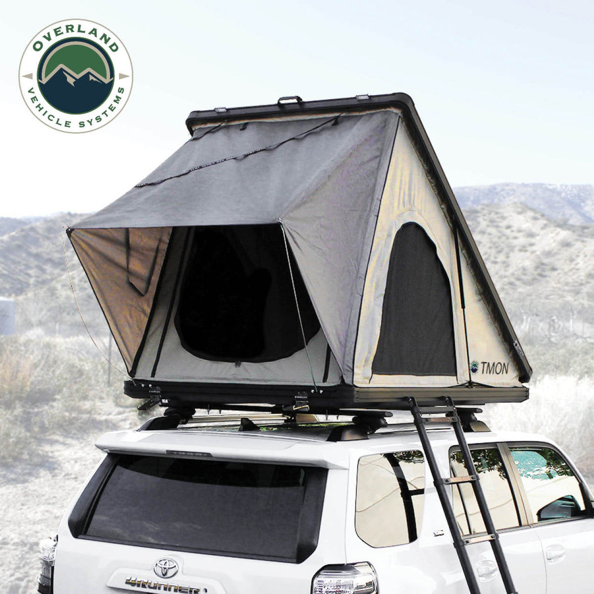 LD TMON Clamshell Aluminum Hard Shell Roof Top Tent - 2 Person Capacity, Tan Body & Green Rainfly