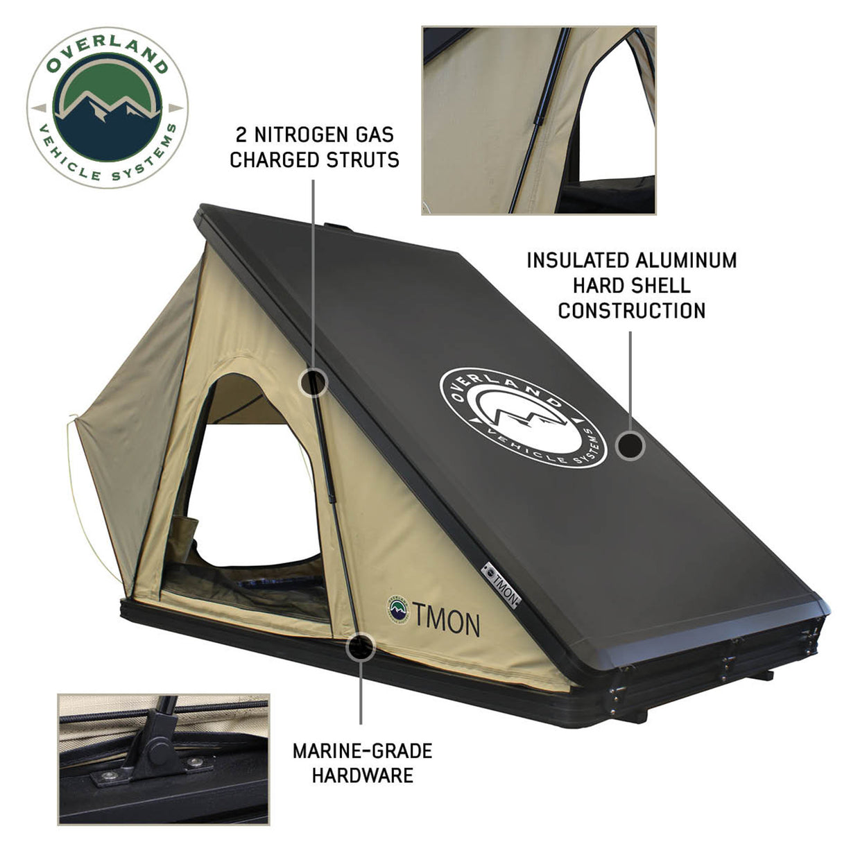 LD TMON Clamshell Aluminum Hard Shell Roof Top Tent - 2 Person Capacity, Tan Body & Green Rainfly