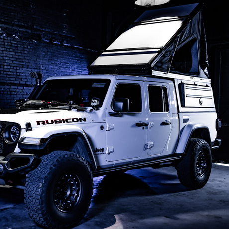 Inca4x4 aluminum pop-up camper open on Jeep Gladiator in Fayetteville Georgia
