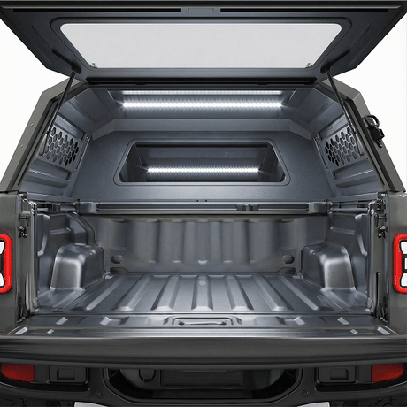 OPENROAD aluminum truck cap interior lighting and cargo access
