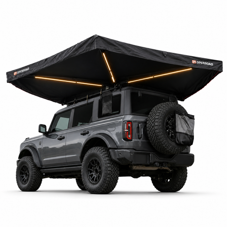 OPENROAD 270° Free Standing Awning – Adventure Series mounted on an overland vehicle