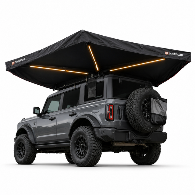 OPENROAD 270° Free Standing Awning – Adventure Series mounted on an overland vehicle