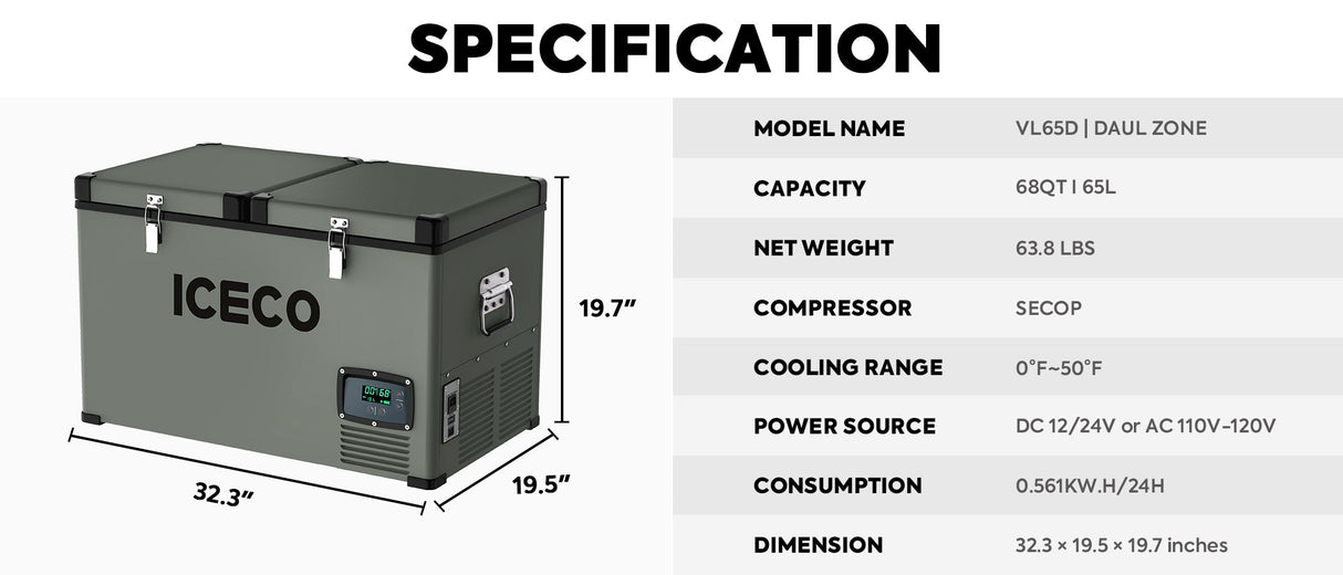 VL65 Dual Zone Metal Fridge Freezer with Cover | ICECO | 65LT