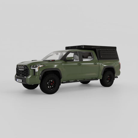 Front three-quarter view of Toyota Tundra with Inca4x4 low-profile aluminum camper