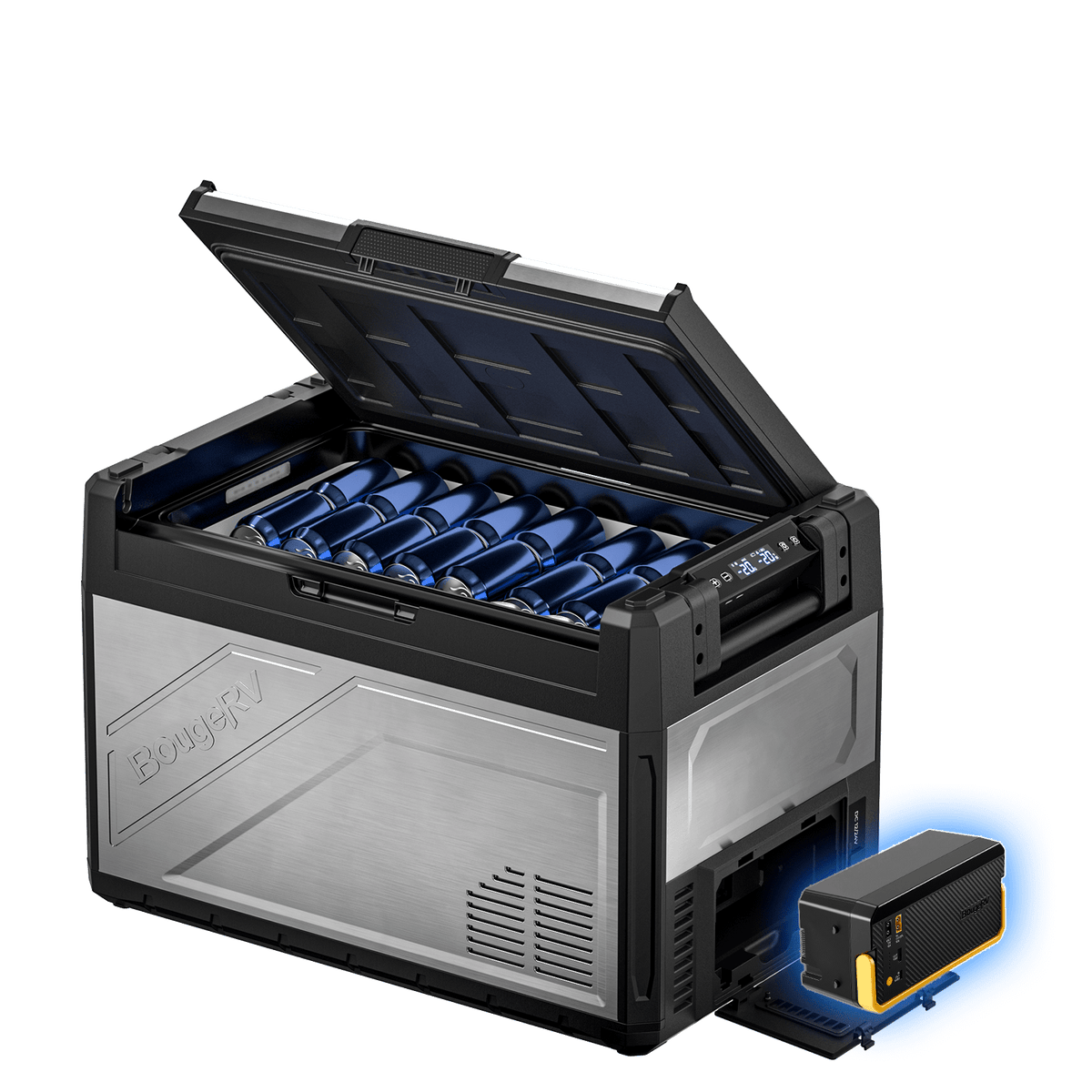 BougeRV Rocky V3.0 55QT dual zone 12V fridge freezer with 240Wh battery for overlanding camping RV truck
