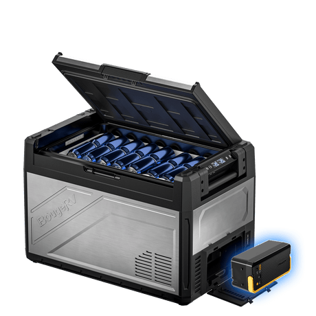 BougeRV Rocky V3.0 55QT dual zone 12V fridge freezer with 240Wh battery for overlanding camping RV truck
