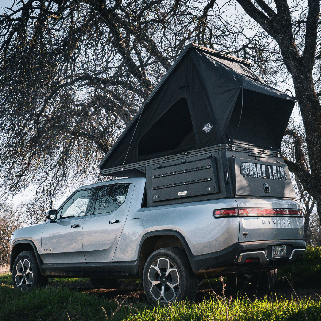 Inca4x4 Rivian R1T camper with pop-up sleeping roof open