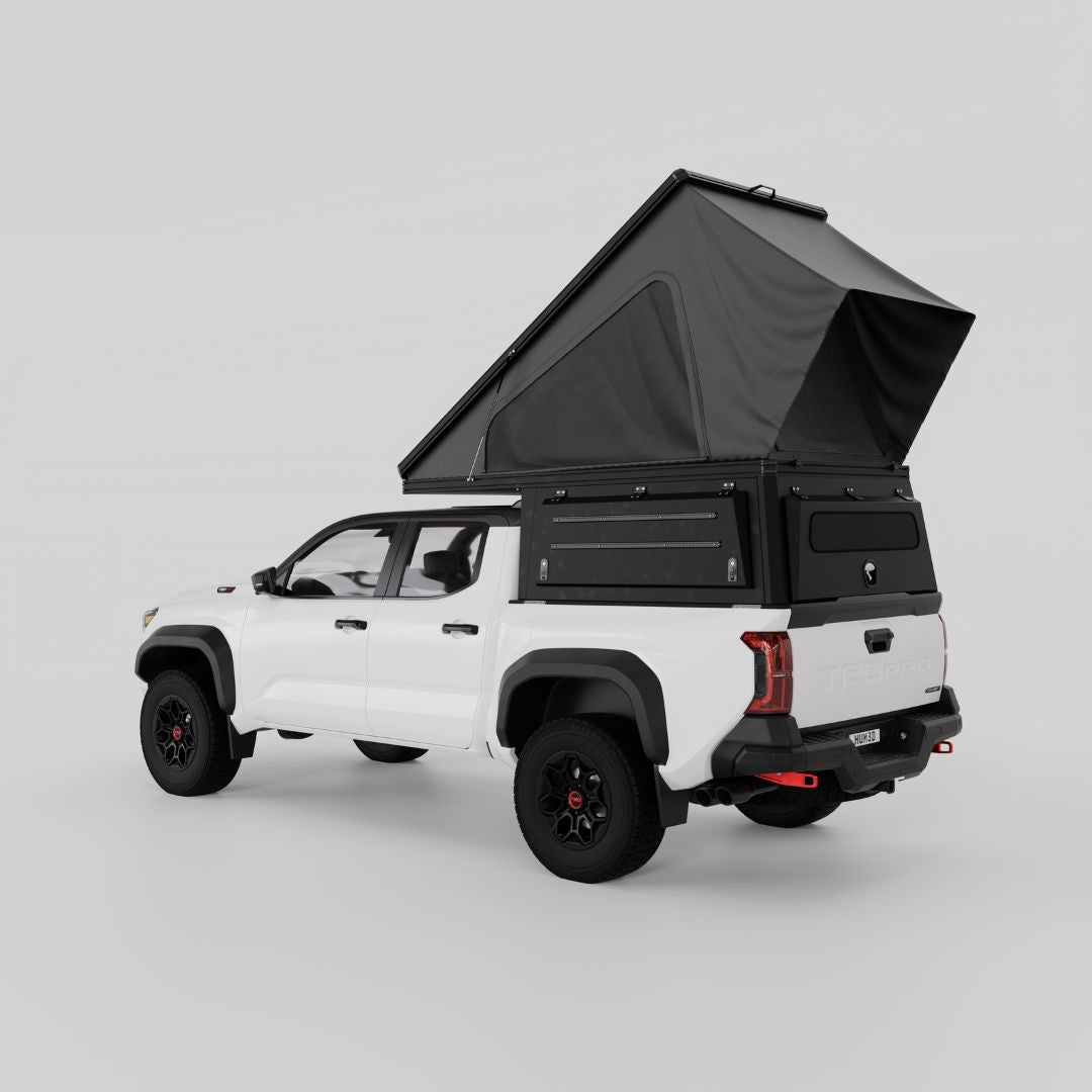 Inca4x4 aluminum pop-up camper open on 2024 Toyota Tacoma 5-foot bed