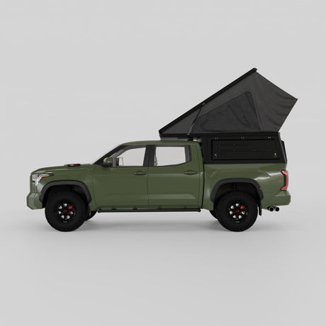 Side profile of open Inca4x4 pop-up camper on 2022-2024 Toyota Tundra