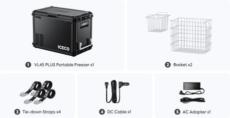 ICECO VL45Pro Plus package contents with baskets straps DC cable and AC adapter