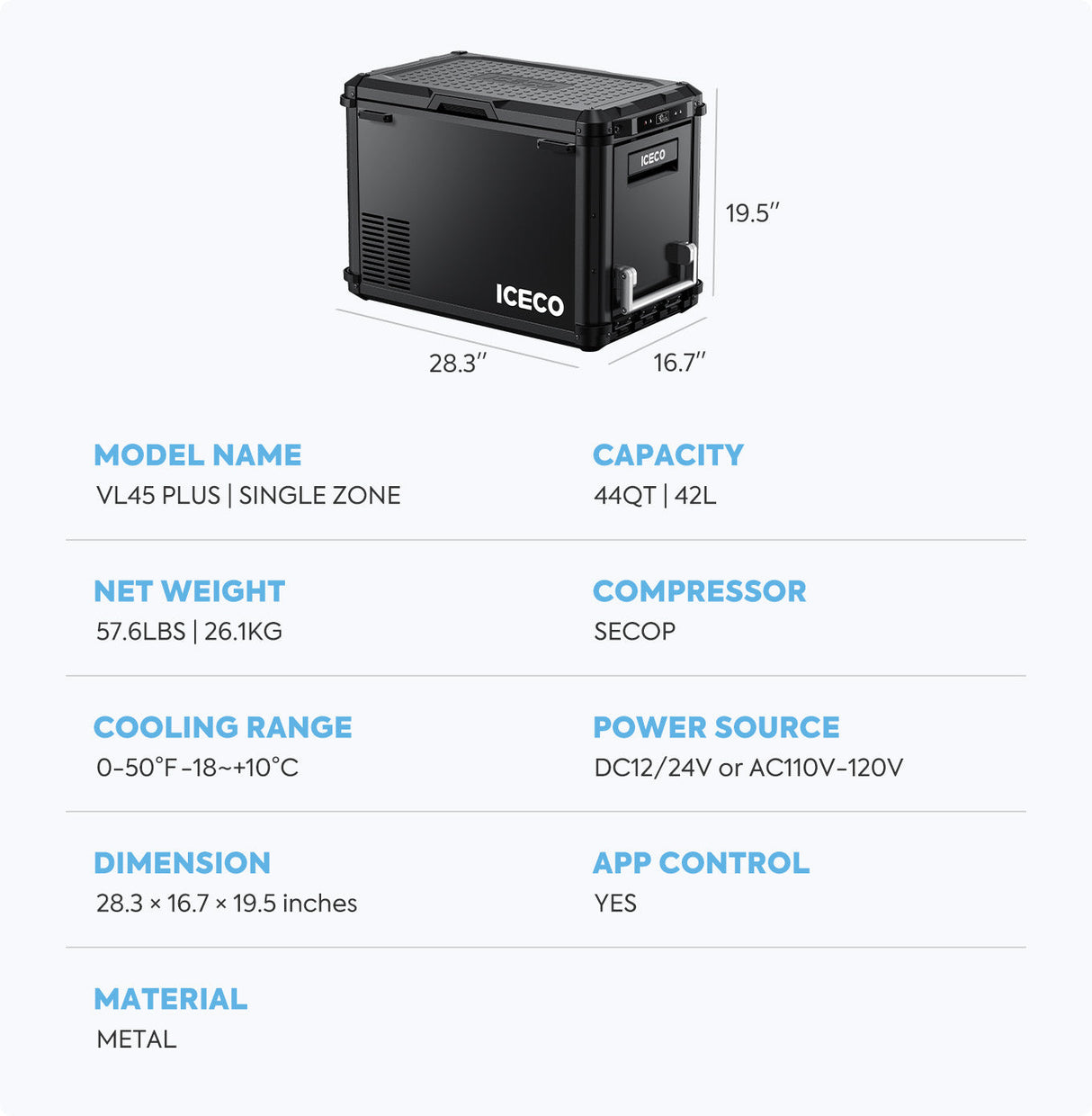 ICECO VL45Pro Plus specifications 44QT 42L dimensions compressor and cooling range