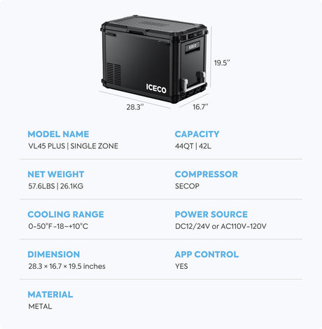 ICECO VL45Pro Plus specifications 44QT 42L dimensions compressor and cooling range