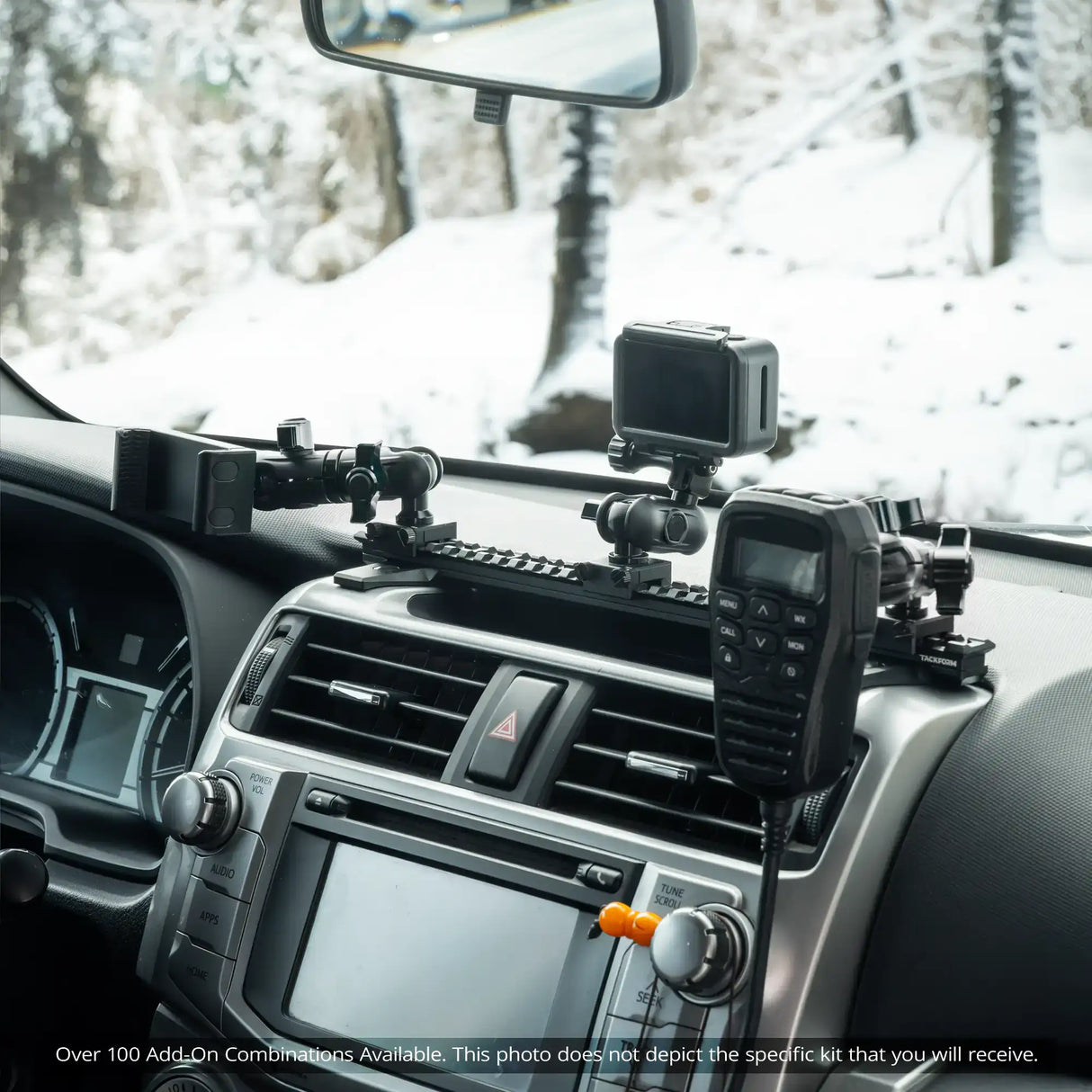2010-2024 Toyota 4Runner Tackform Assault Track Picatinny Dash Bracket With 20LITE Phone, Midland MXT275/575 Magnetic Radio Mount, & GoPro Action Camera Holder