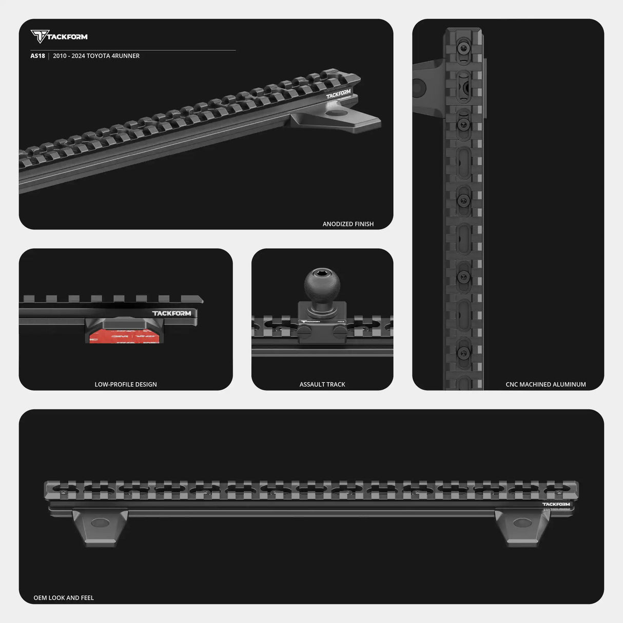 2010-2024 Toyota 4Runner Tackform Assault Track Picatinny Dash Bracket With MagSafe Phone, CB Radio Microphone, and GoPro/Action Cam Holders