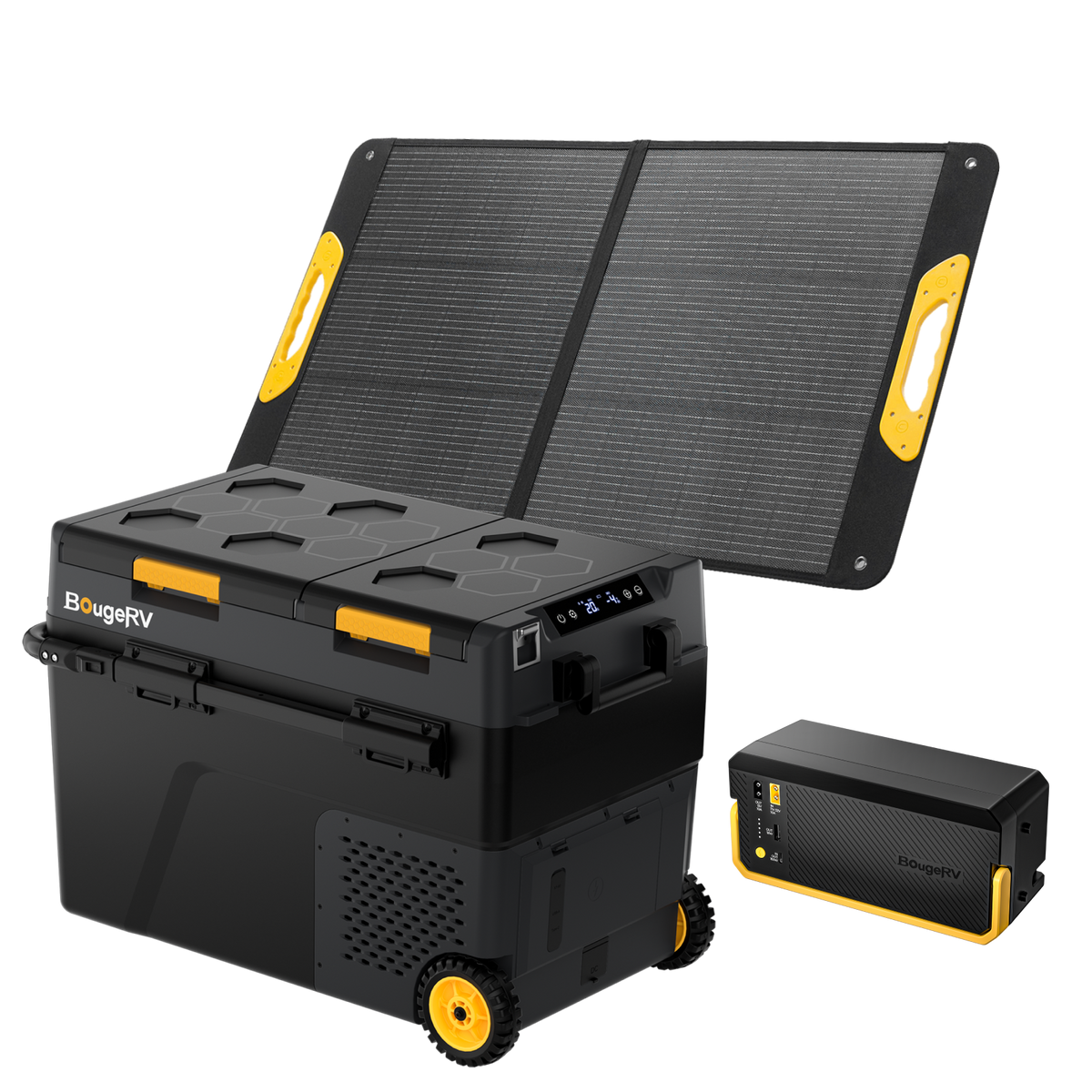 BougeRV CRD2 V2.0 52QT dual zone 12V fridge freezer 100w solar + battery kit for camping overlanding RV truck