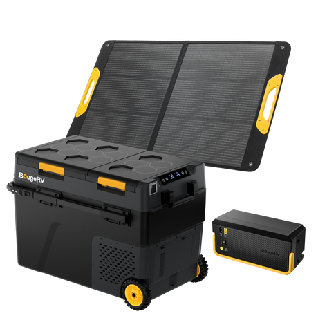 BougeRV CRD2 V2.0 52QT dual zone 12V fridge freezer 100w solar + battery kit for camping overlanding RV truck