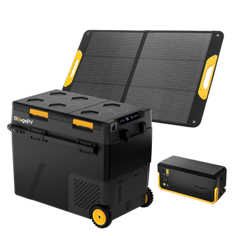 BougeRV CRD2 V2.0 61QT dual zone 12V fridge freezer 100w solar + battery kit for camping overlanding RV truck