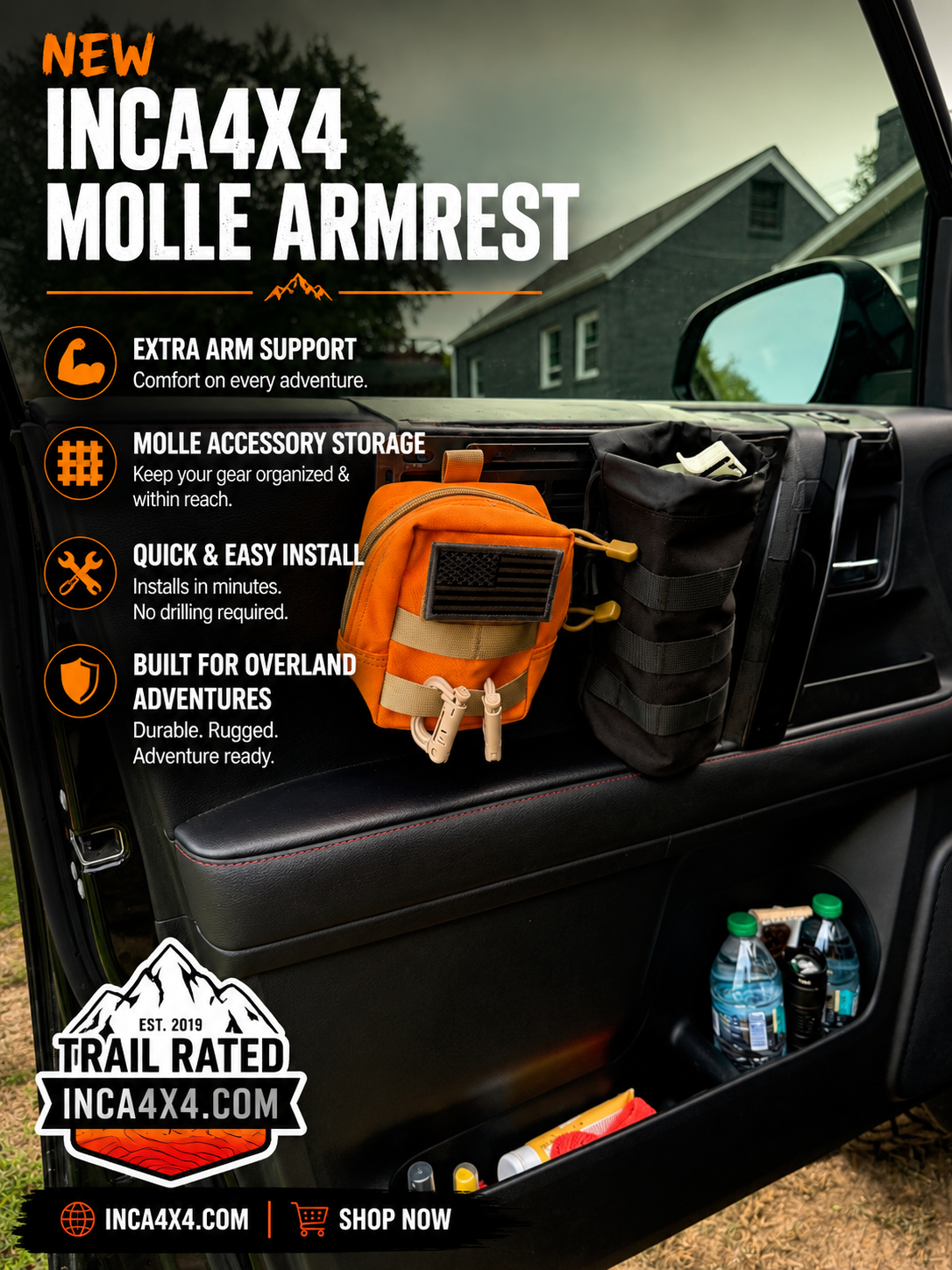 nca4x4 MOLLE window armrest system with modular storage pouches for Toyota 4Runner overland and off-road accessories