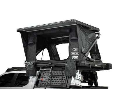 Free Spirit Recreation FSR Evolution XL hard shell rooftop tent mounted on overland truck